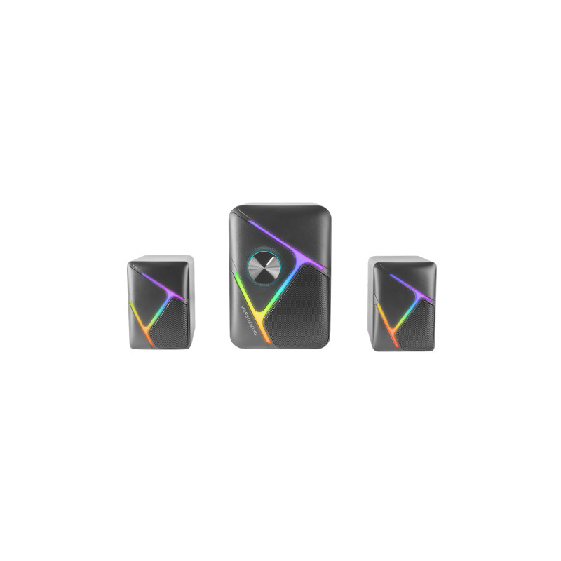MS-H21, Altavoces Gaming RGB 2.1 y Subwoofer 35W, Sistema Drivers Invertidos 3D Surround, Altavoces Compactos con Iluminación Dinámica RGB, Alimentación USB y Conector Jack 3.5mm, Negro