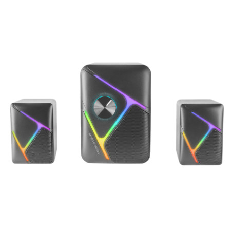 MS-H21, Altavoces Gaming RGB 2.1 y Subwoofer 35W, Sistema Drivers Invertidos 3D Surround, Altavoces Compactos con Iluminación Dinámica RGB, Alimentación USB y Conector Jack 3.5mm, Negro