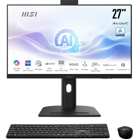 MSI AIO MODERN AM273Q AI 1UM-055ES. 27 IPS 2560x1440 (WQHD) 100HZ. INTEL ULTRA 7 155H. INTEL IRIS XE GRAPHICS.DDR5 32GB (16G*2). W11 PRO. NEGRO