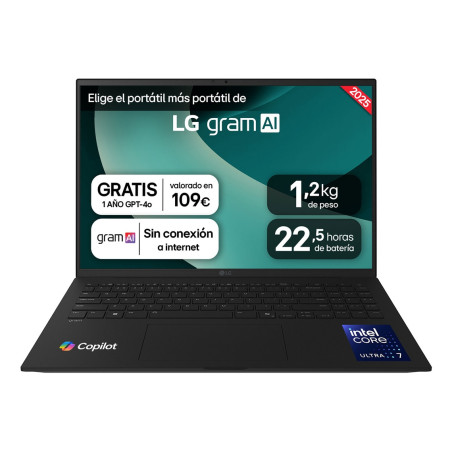 Gram 16ZD90T-G.AX88B ordenador portatil Intel Core Ultra 7 255H Portátil 40,6 cm (16) WQXGA 32 GB LPDDR5x-SDRAM 1 TB SSD Wi-Fi 7 (802.11be) FreeDOS Español Negro