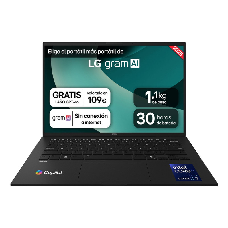 Gram 14ZD90T-G.AX88B ordenador portatil Intel Core Ultra 7 255H Portátil 35,6 cm (14) WUXGA 32 GB LPDDR5x-SDRAM 1 TB SSD Wi-Fi 6E (802.11ax) FreeDOS Español Negro